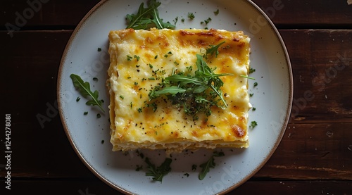Delicious layered vegetable casserole garnished with fresh herbs on a rustic ...