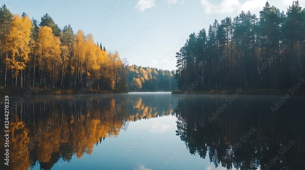 Obraz premium A serene lake surrounded by autumn trees, their reflections creating a perfect mirror on the calm water