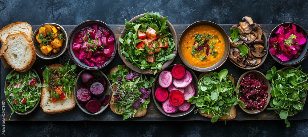 Colorful vegetarian spread on a wooden board arranged with fresh ingredients and bread slices Colorful vegetarian spread on a wooden board arranged with fresh ingredients and bread slices