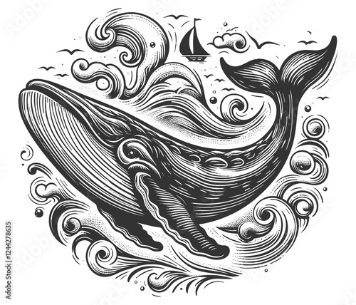 Humpback Whale Jumping from Waves engraving vector