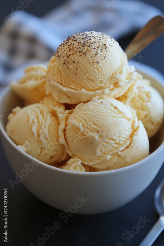 Delicious creamy vanilla ice cream served in a simple bowl with a sprinkle of...