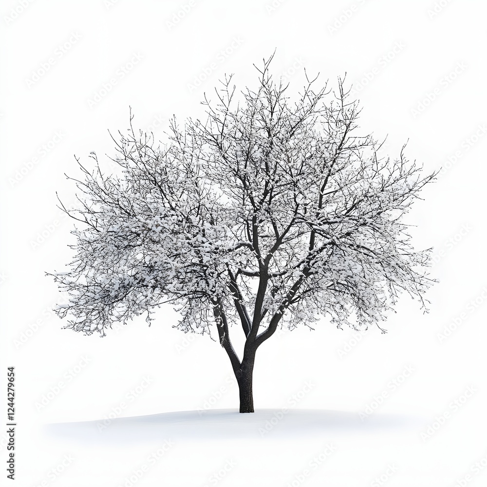 Obraz premium Solitary Bare Tree Covered in Snow on Plain White Background