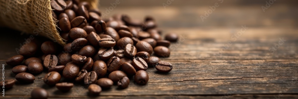 Dark roasted coffee beans scattered on rustic wood , photography, natural, aroma Dark roasted coffee beans scattered on rustic wood , photography, natural, aroma