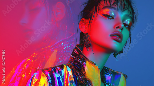 Retro-futuristic fashion showcasing a model in cyberpunk-inspired