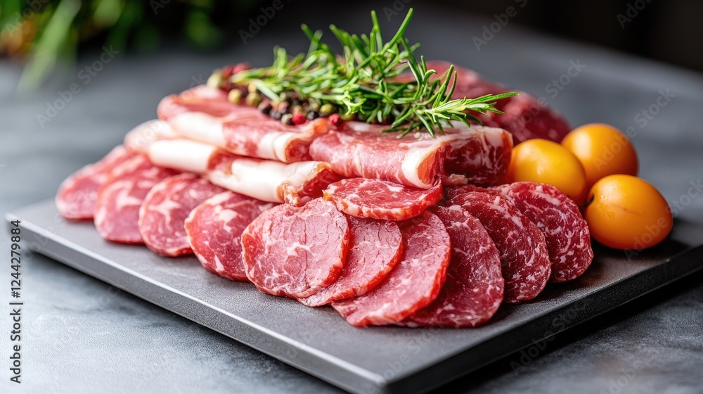 Delicious cured meats platter, rosemary garnish, grey stone background; appetizer recipe Delicious cured meats platter, rosemary garnish, grey stone background; appetizer recipe