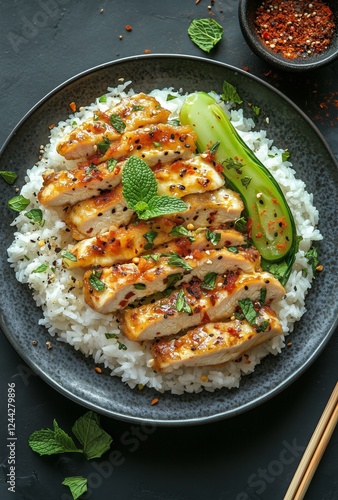 Delicious grilled chicken slices served on aromatic rice with fresh herbs and...