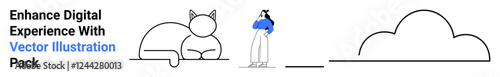 Woman standing in thoughtful pose next to a large relaxed cat and a cloud in minimal line art design. Ideal for creativity, tranquility, minimalism, lifestyle, productivity, modern design, flat