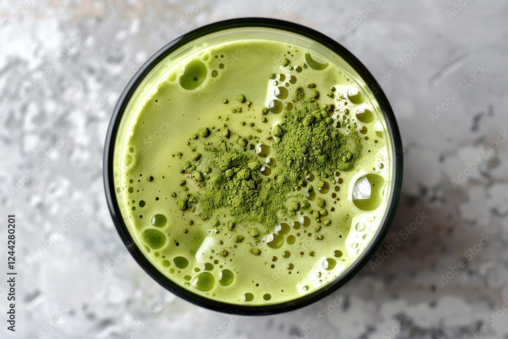 Close up of a vibrant green matcha latte topped with matcha powder, offering a healthy and refreshing beverage option Close up of a vibrant green matcha latte topped with matcha powder, offering a healthy and refreshing beverage option