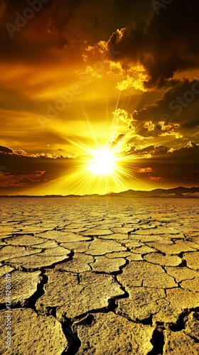 A Dramatic Golden Sunset Over a Desolate, Cracked Earth Landscape: A Visual Representation of Drought and Climate Change