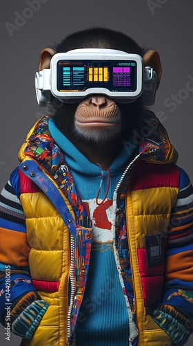 Futuristic monkey wearing VR glasses and colorful cables in a hip-hop inspired setting photo