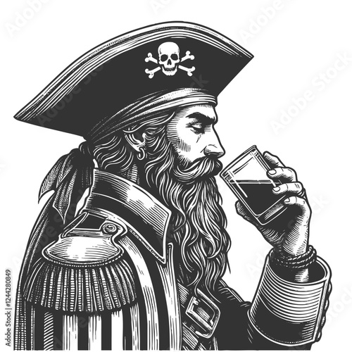 Pirate Drinking Rum engraving vector illustration