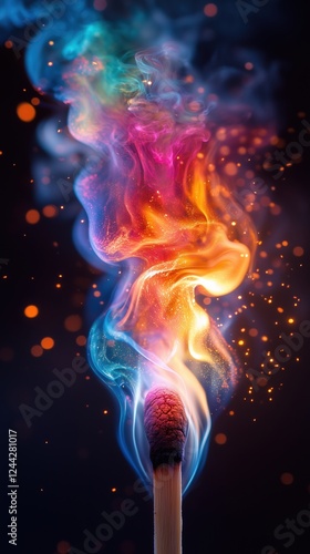 Vibrant colors explode from a lit match against a dark background in this captivating macro view