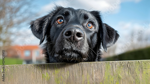 Curious black Labrador peeking over fence, rural background, pet portrait photo