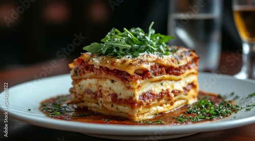 Delicious layers of lasagna served on a white plate with herbs at a cozy rest...