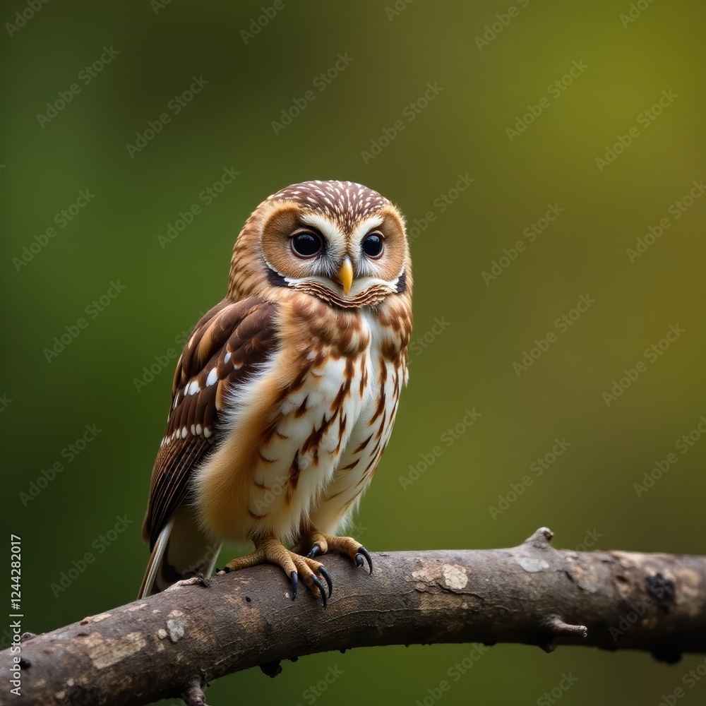 Fototapeta premium Eurasian pygmy owl resting on a weathered branch, alert , bokeh, wood, brown