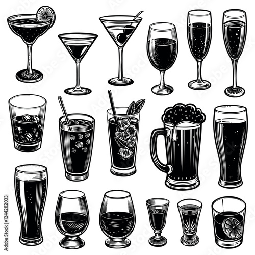 
collection of alcoholic drinks black outline on a white background