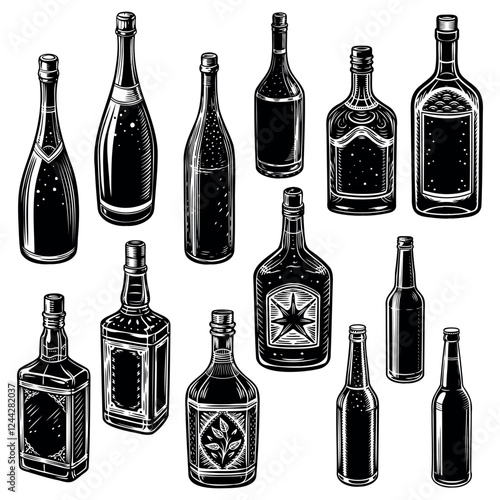 collection of alcohol bottles black outline on a white background