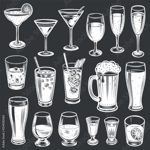 
collection of alcoholic drinks white outline on a dark background