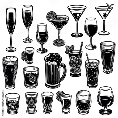 set of alcoholic drinks black outline on a white background