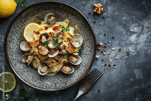 Delicious pasta dish with clams and lemon served on a dark textured plate