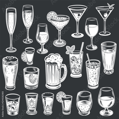 
set of alcoholic drinks white outline on a dark background