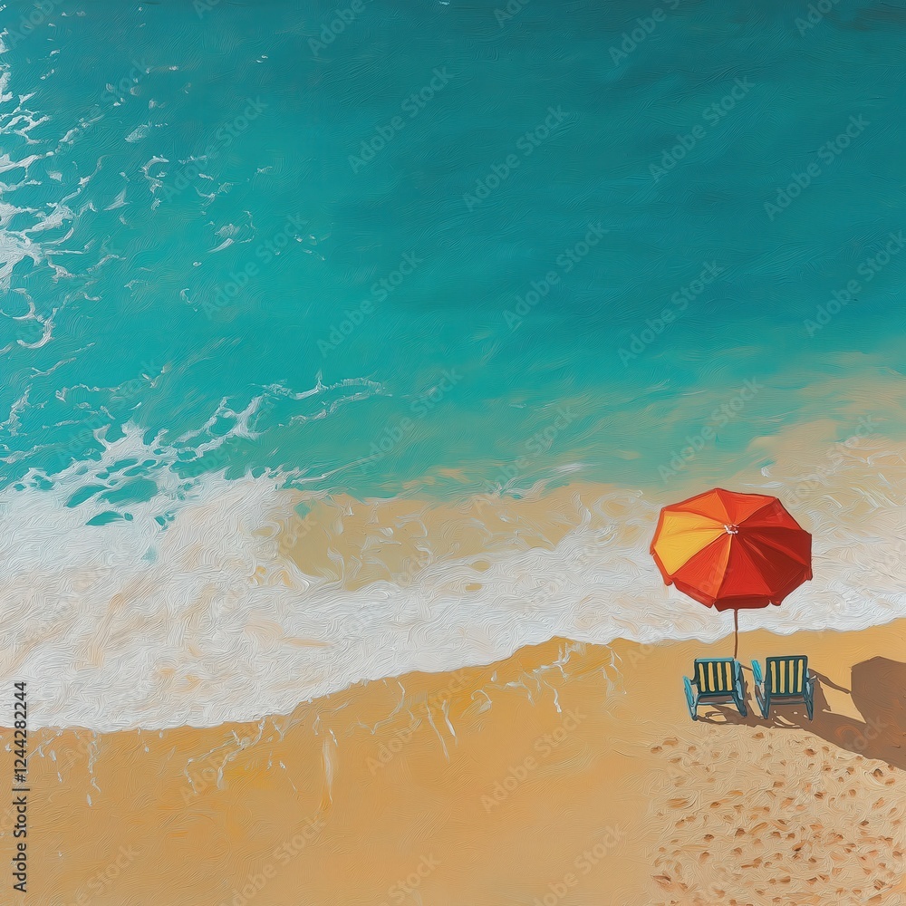 Naklejka premium A tranquil beach scene with golden sand, turquoise waters, beach chairs, and an umbrella under a clear blue sky on a sunny day, a beach with chairs and an umbrella