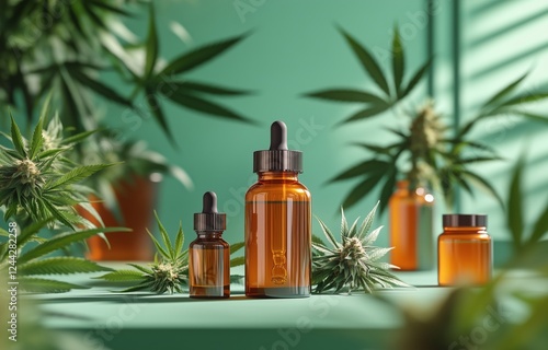 Wellness oils displayed on a green surface surrounded by cannabis plants in a...