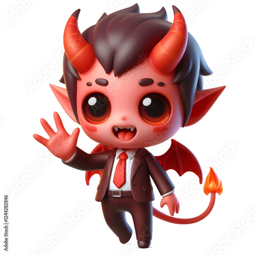 3D Cute demon waves his hand isolated on white background