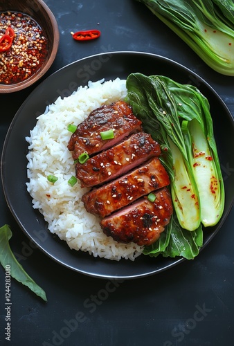 Grilled chicken served with rice and sauted vegetables on a dark background