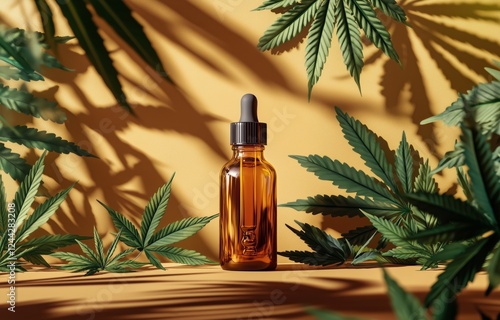 Natural oil dropper bottle surrounded by green leaves on a bright yellow back...