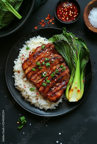 Grilled chicken with rice and bok choy served on a black plate