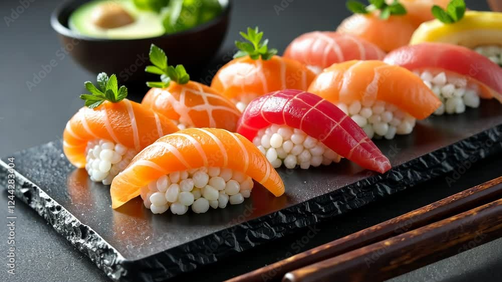 A plate of sushi with a green garnish. The sushi is cut into different shapes and sizes A plate of sushi with a green garnish. The sushi is cut into different shapes and sizes