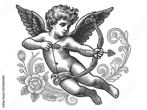 Cupid with Bow and Floral Ornament vector