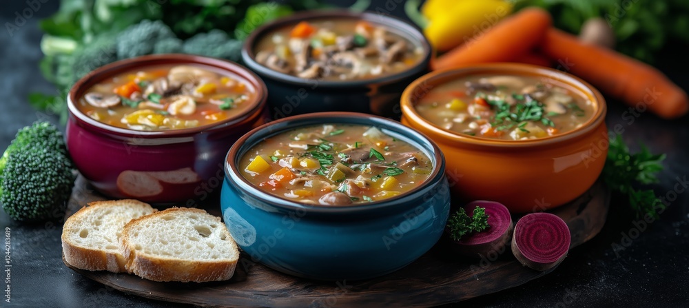 Four colorful bowls of soup with fresh vegetables and bread on a wooden table in a cozy kitchen setting Four colorful bowls of soup with fresh vegetables and bread on a wooden table in a cozy kitchen setting