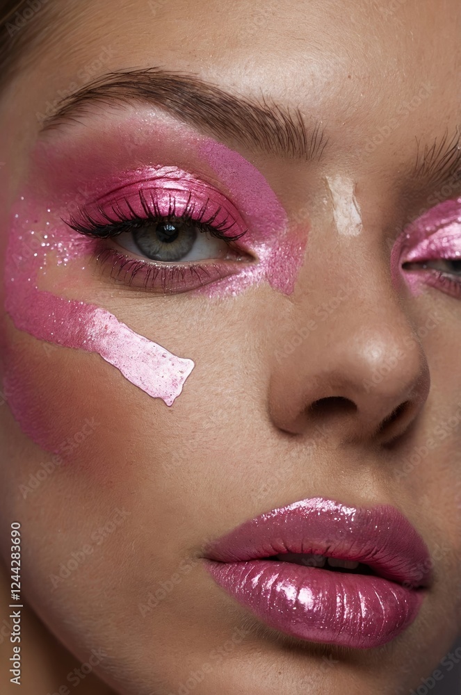 Fototapeta premium Creative beauty look with bold pink makeup highlighting a model's features in an artistic setting