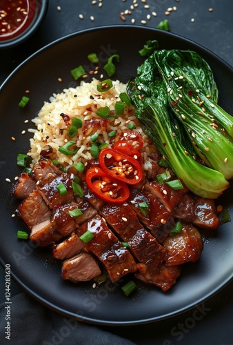 Savory grilled meat served with rice and vegetables in a black bowl