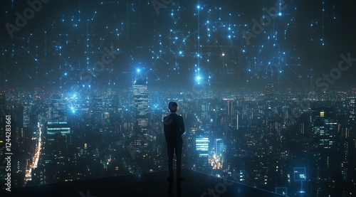 Urban night view with digital connectivity over a city skyline