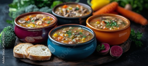 Four colorful bowls of soup with fresh vegetables and bread on a wooden table...