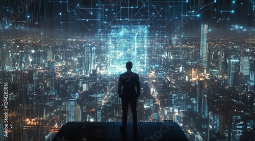 View of futuristic city at night with digital overlays from elevated perspective