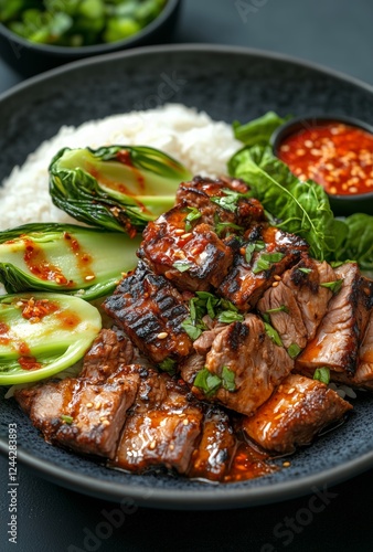 Grilled steak with rice and vegetables served in a black bowl on a dark table