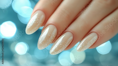 Elegant long nails with glitter design in an upscale beauty setting