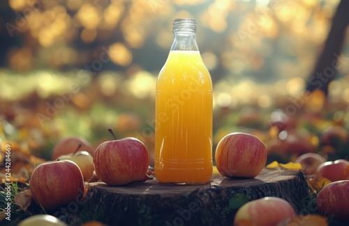 Fresh apple juice surrounded by apples and autumn leaves in a sunny outdoor s...