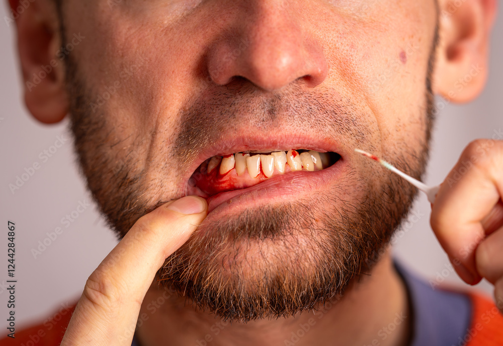 Obraz premium Man Holding Dental Rubber Toothpick Showing Bleeding Gums, Gum Disease Caused by Poor Oral Hygiene