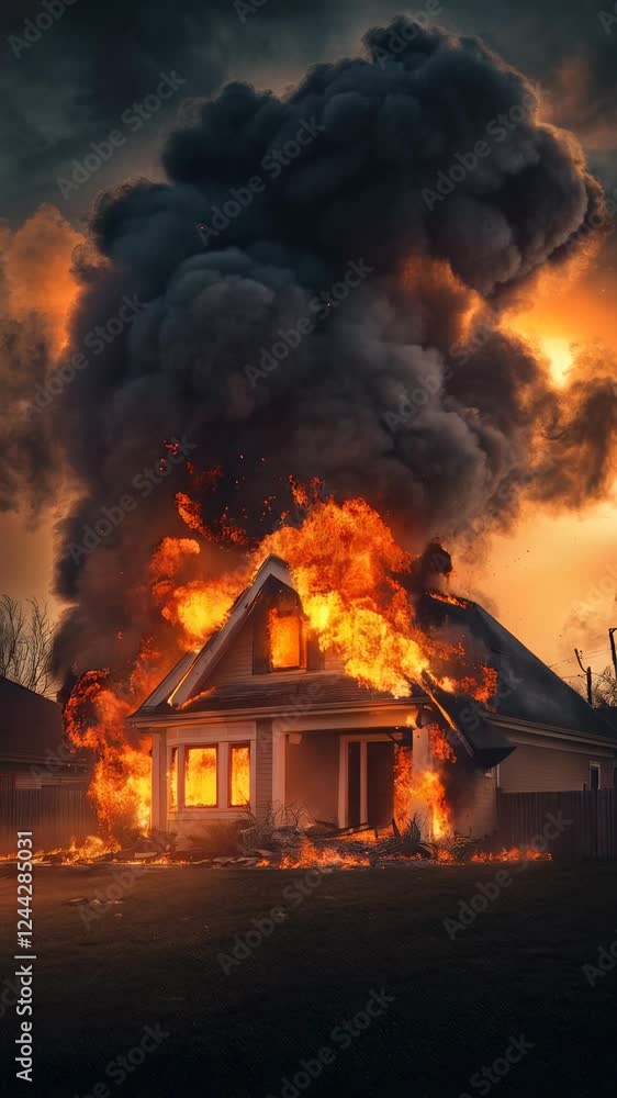 Large flames and thick black smoke billowing from a burning suburban house at sunset, creating a striking scene of destruction and deep loss in a quiet neighborhood Large flames and thick black smoke billowing from a burning suburban house at sunset, creating a striking scene of destruction and deep loss in a quiet neighborhood