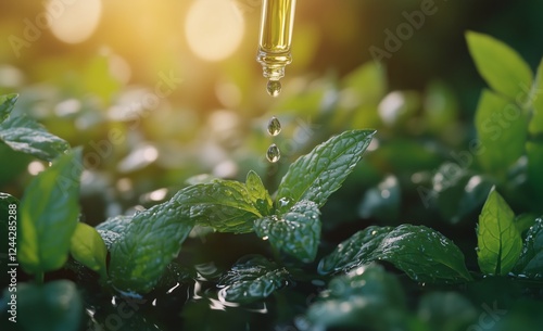 Mint leaves receiving essential oil drop during golden hour at a garden setting
