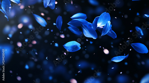 Soft blue cherry blossom petals drifting in darkness