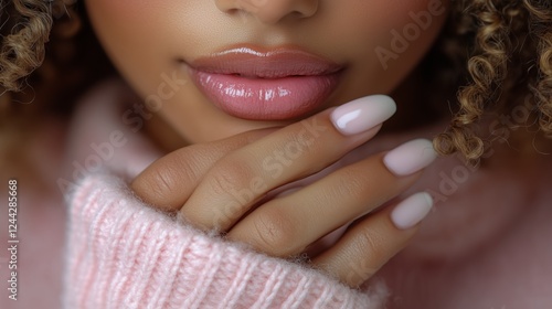 Close up of a woman's lips and hand showcasing elegant nails while wearing a ...