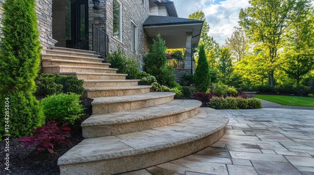Fototapeta premium Stunning Paver Walkway and Flagstone Steps Enhance the Elegant Entrance of a Contemporary Home