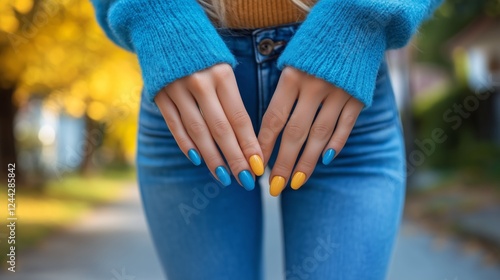 Colorful nail art showcased by a person during autumn in a suburban neighborh...