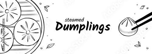 Web banner with line illustrations of Asian steamed dumplings. Vector sketch drawing of the traditional oriental dish from dough with filling. Hand-drawn design for website, advert, or menu.